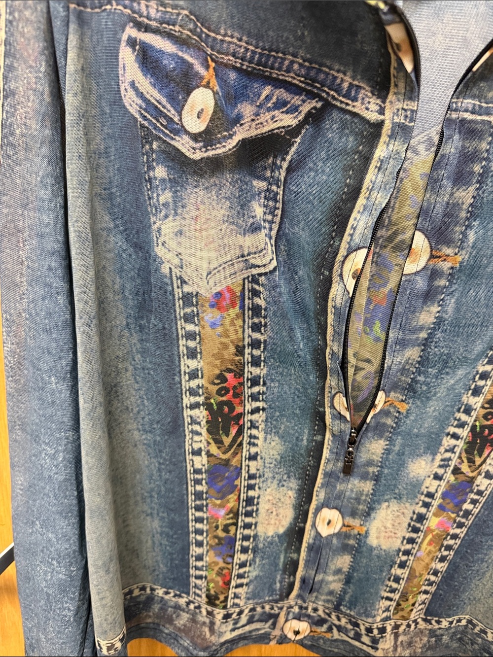 John Mark MESH Sheer Blue Denim PRINTED Jacket with Multicolor Floral Trim - Picture 14 of 14